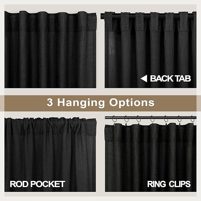 Black Long Drapes 108 Inch Length for Living Room 2 Panels Set Hidden Tab Loop Pocket Sheer Minimalist Black Linen Curtain for Bedroom Patio Door Cottage Cabin Noir Negras Accent Decor