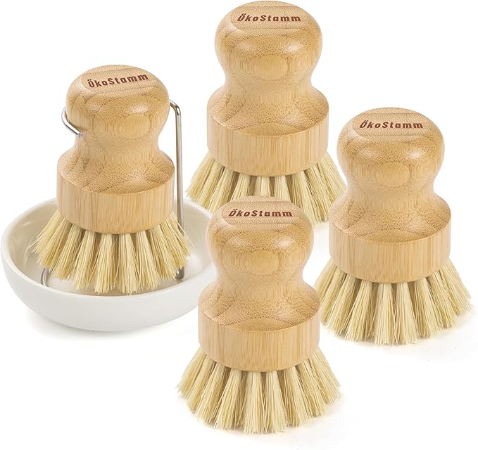 6 PCS Bamboo Dish Brush Set - Natural Scrub Brush for Dish with Tray and Drain Holder, Wooden Dish Scrubber for Kitchen Cleaning Dishes, Pots, Pans and Vegetables (6)