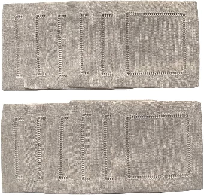 Ladder Hemstitch 100% Natural Linen Cocktail Napkins 4"x4" - A Dozen Cloth Napkin Coasters-Set of 12 Linen Beverage Party Cocktail Napkin