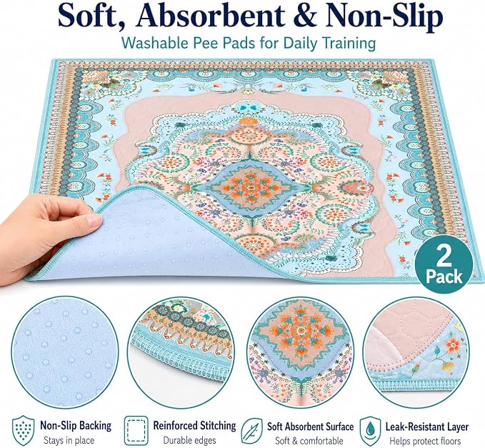 Aitmexcn Washable Pee Pads for Dogs, Reusable 24’’x 48’’ Waterproof Boho Mats for Puppy, Guinea Pig, Rabbit,Highly Absorbent,Ultra Soft, Non-Slip,Machine Washable,Stylish Design,2 Pack