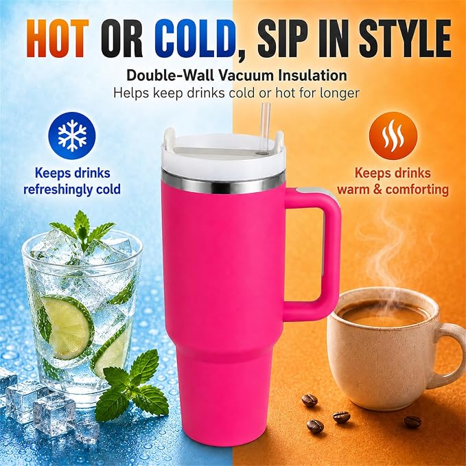 Pandance 4 Pack 40 oz Tumbler with Handle and Straw Bulk, Vibrant Mix | Stainless Steel Vacuum Insulated Travel Mug, Sturdy Screw-on lid, Cup Holder Friendly, Large Capacity Cup For Iced Coffee