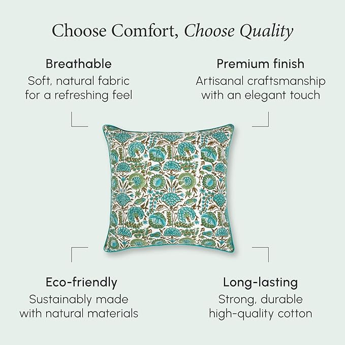 CPC Aqua Green Floral Printed Throw Square Cushion Covers - 24x24 Inch 100% Cotton Washable Decorative Couch Pillows Covers for Living Room Bed Sofa and Outdoors Spring, Summer Gifts