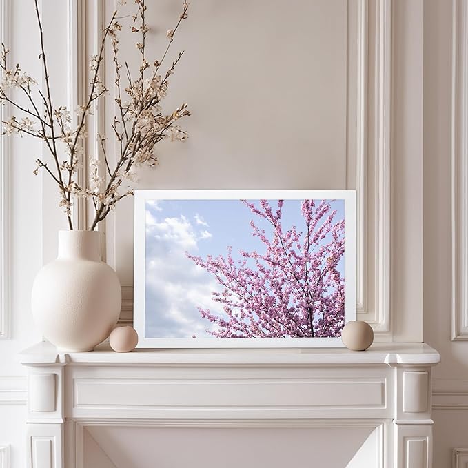 Monem Art Cherry Blossom Spring Sky Photography Print - Floral Nature Art Poster - Wall Decor for Living Room, Bedroom or Office - 12x16 White Framed Wall Art by Mareike Bohmer