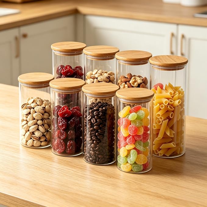 6Pack Glass Food Storage Containers with lids (1.5QT/0.8QT) | Glass Containers with Bamboo Lids for Overnight Oats, Coffee, Spices, Candies, Flour