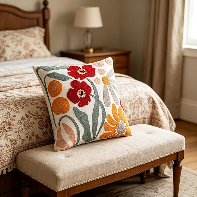 Embroidered Throw Pillow Cover 18x18 Inch,Cotton Canvas Floral Pillow Case, Daisy Wildflower Leaf Boho Farmhouse Decorative Cushion Square for Sofa Bedroom Living Room Outdoor Couch Farmhouse(A001)