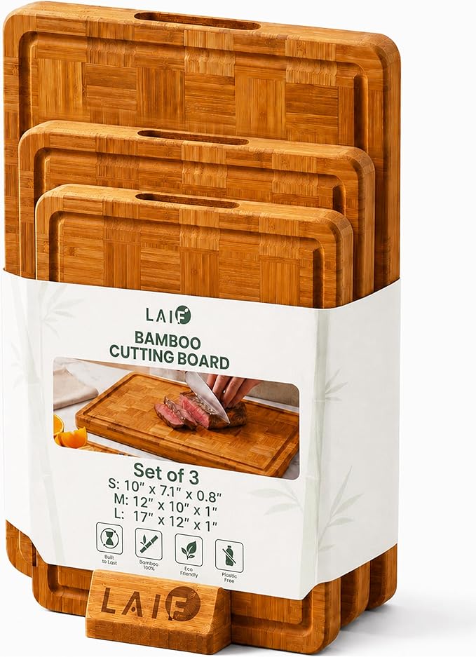 LAIFsolutions Wood Cutting Boards for Kitchen with Juice Groove, Eco-Friendly Wooden Bamboo Chopping board, Food-Safe, Non Plastic Tabla Para, Carbonized Butcher Block for Meat, Veggies Fruits, 3-Set