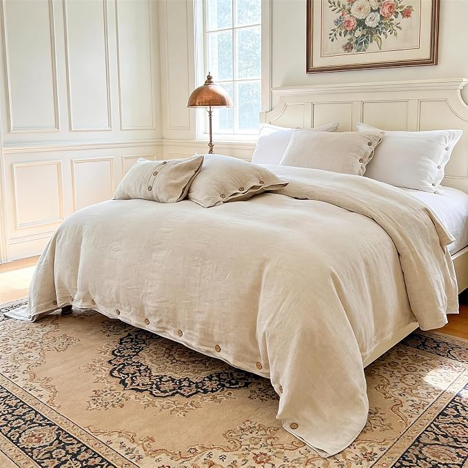 Simple&Opulence 100% Linen Duvet Cover Set 3pcs with Coconut Button Closure Natural French Washed Flax Solid Color Soft Breathable Farmhouse Bedding - Linen, Queen Size