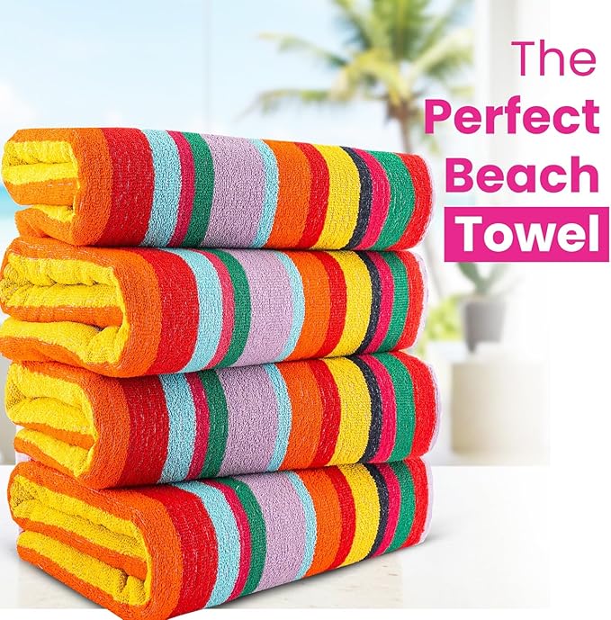 CASA COPENHAGEN Monaco Beach Towels Designed in Denmark Rough and Tough, Quick Dry, for Pool, Bath & Shower 30x60 inches 4 Pieces Cotton Beach Bath Towels Set - Rainbow
