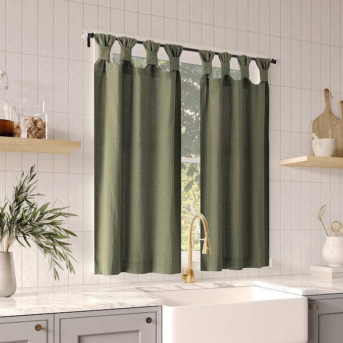 Archaeo Washed 100% Cotton Small Window Twist Tab Cafe Curtains, 52" x 45, Moss Green