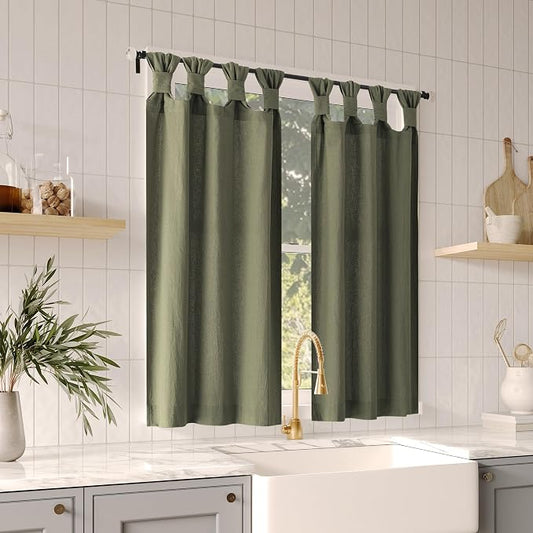 Archaeo Washed 100% Cotton Small Window Twist Tab Cafe Curtains, 52" x 45, Moss Green