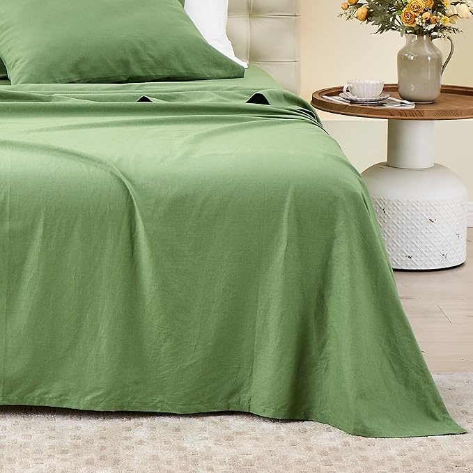 BISELINA Linen Sheet French Flax Flat Sheet Only 55% Euro Linen 45% Cotton Basic Style Solid Color Soft Breathable Farmhouse Top Sheet 1-Piece (Twin, Khaki Green)