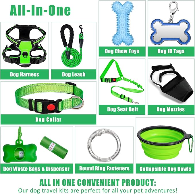 No Pull Dog Harness Adjustable Collar & Leash Set - Dog Halter Harnesses Collapsible Bowls & Poop Bag Dispenser Muzzle ID Tags Toys Fits Small Medium Large Dogs (Green-S)