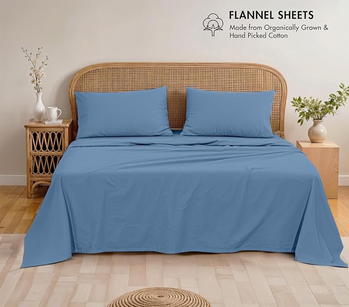 RUVANTI Flannel Sheets Full Size - GOTS Certified 100% Organic Cotton, 4 Piece Warm, Soft & Breathable Set, Deep Pocket Snug Fit, Double Brushed Cozy All Season Bedding, Denim Blue