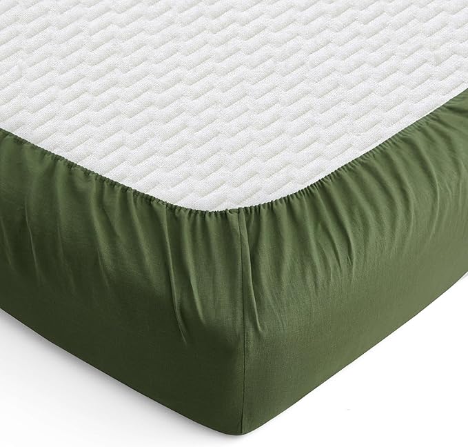 ATLINIA 100% Pure Flax Linen Bedding Set - Stone Washed French Linen Fabric Deep Pocket Fitted Sheet Farmhouse Flat Sheet 2 Pillowcases (Green, Queen)