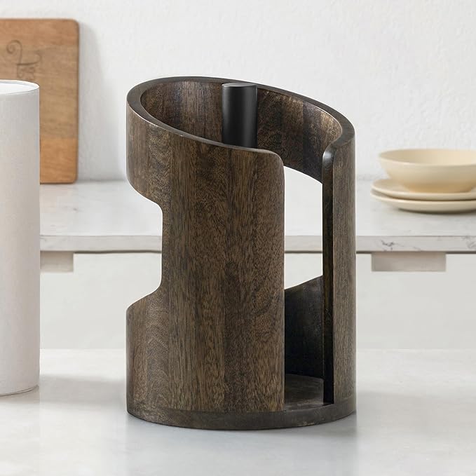 Anji Mountain Wooden Paper Towel Holder Countertop with Mango Wood Round Base and Iron Holder, Holder Stand for Kitchen Roll Organizer & Kitchen Dining Table Home Decor - Chocolate/Black, Arc Hold