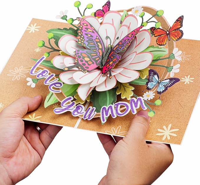 Paper Love Frndly 3D Pop Up Mother's Day Card, Love You Mom Butterfly, Handcrafted - 100% Recycled and Eco-Friendly, 8" x 6" Cover - with Note Tag