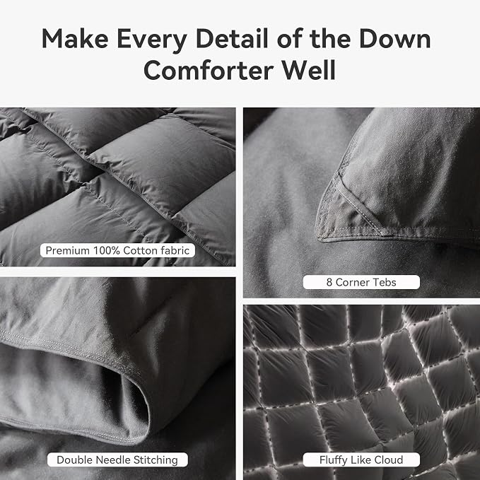 L LOVSOUL Goose Feather Down Fiber Comforter King Size, 100% Organic Cotton Fabric Duvet Insert,1200TC,750+FP, Hotel Collection, Heavyweight Grey Bedding Comforters with 8 Tabs,97oz