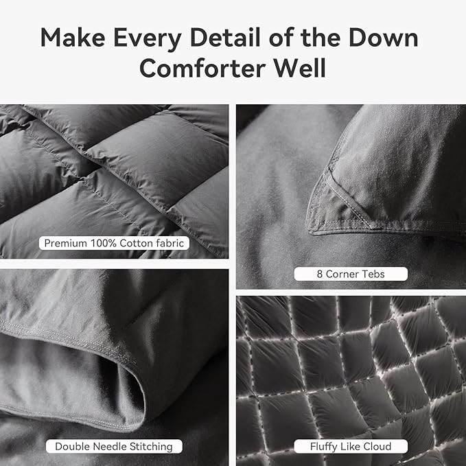 L LOVSOUL Goose Feather Down Fiber Comforter Oversize Queen Size, 100% Organic Cotton Fabric Duvet Insert,1200TC,750+Fill Power, Hotel Collection, All Season Grey Bedding Comforters with 8 Tabs