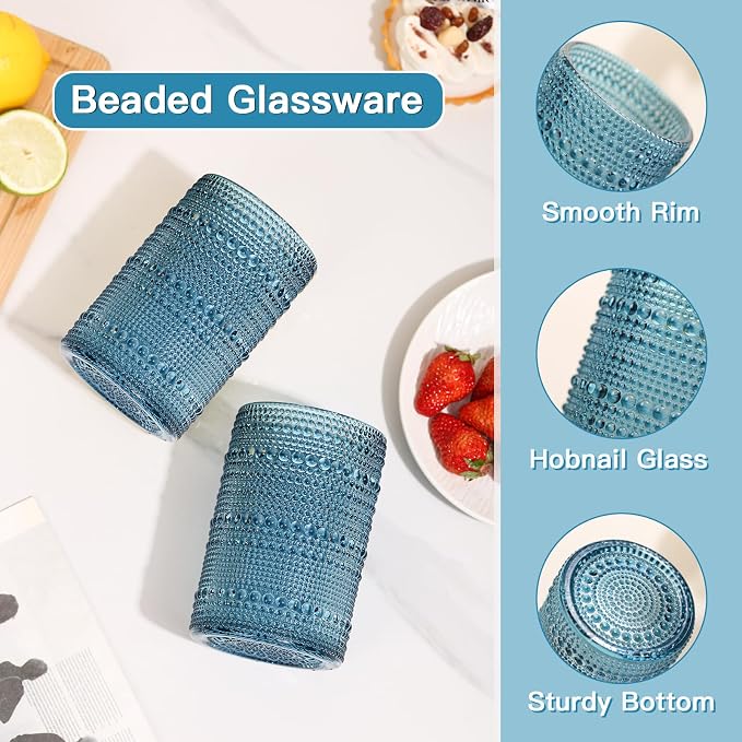 JOVGANK Blue Vintage Hobnail Drinking Glasses Set of 6, Water Tumbler 15oz, Kitchen & Bar Beaded Highball Glasses, Beverage Glass Cups for Water, Beer, Juice, Gift for Housewarming and Mother's Day