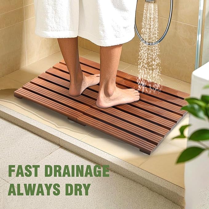 Teak Shower Mat, Foldable Luxury Wooden Shower Mat for Bathroom, Non-Slip Teak Bath Mat for Bathtub, Spa, Sauna, Pool, Indoor Outdoor Use, Wood Floor Mat for Home and Travel