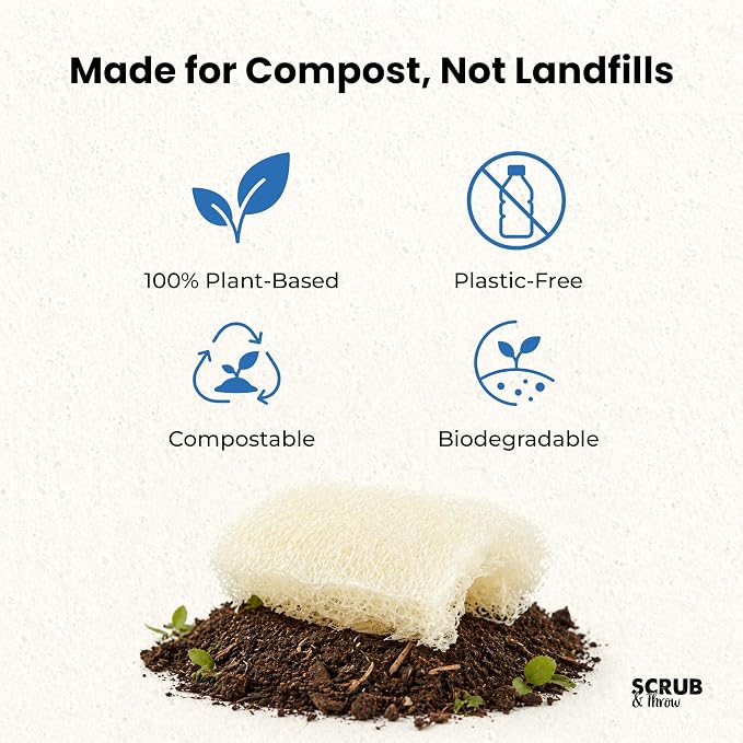 Scrub & Throw XL Loofah Scrub Sponge, Natural, Plastic-Free, Non-Scratch, for Kitchen, Dishes, Pots and Cleaning, Plant-Based, Plastic-Free, Eco-Friendly, Biodegradable, 30 Pack