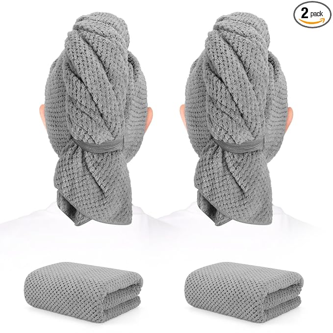 2 Pack Microfiber Hair Towel - 41 x 24 inches Super Soft, Absorbent, Fast Drying Without Frizz Hair Towel Wrap for Women Long, Thick, Curly Hair - Hair Turbans with Elastic Strap