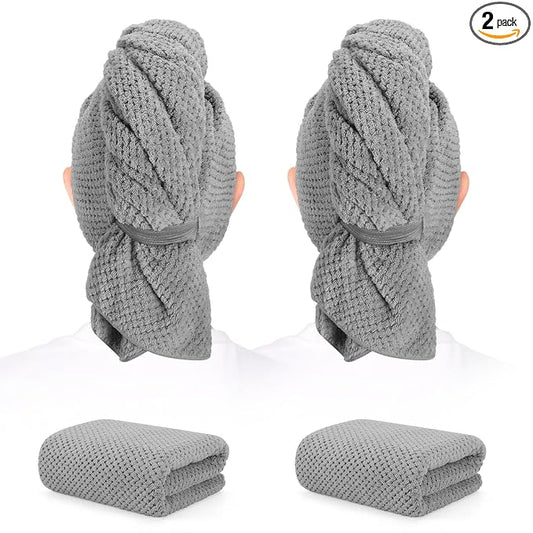 2 Pack Microfiber Hair Towel - 41 x 24 inches Super Soft, Absorbent, Fast Drying Without Frizz Hair Towel Wrap for Women Long, Thick, Curly Hair - Hair Turbans with Elastic Strap