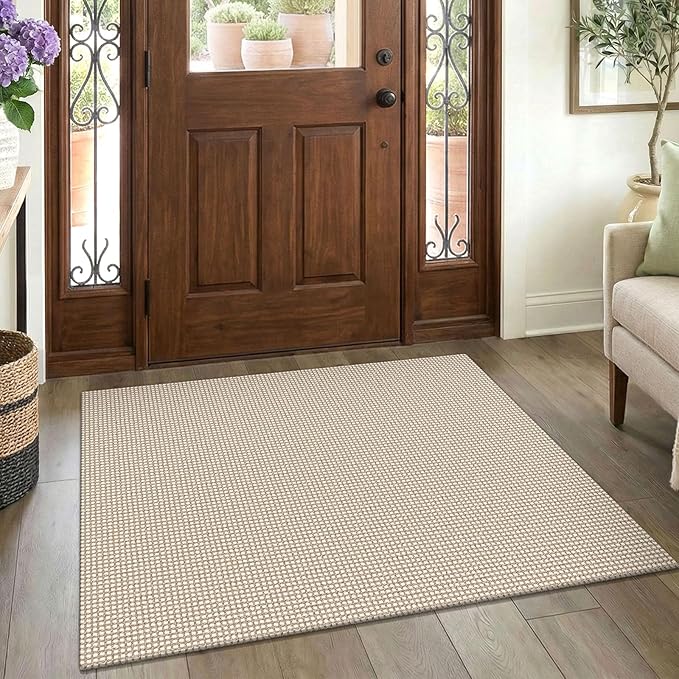 EARTHALL Woven Area Rug 3x4 Ft Washable Rugs for Entryway Braided Non Slip Rubber Backed Throw Rugs Door Mat Indoor Outdoor Entrance Cotton Carpet for Kitchen Foyer Front Door, Beige/Ivory