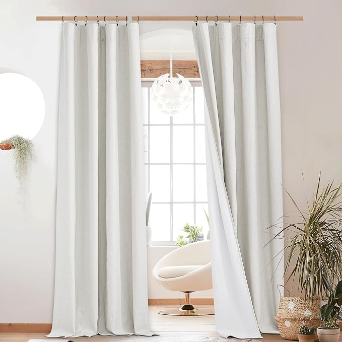 NICETOWN 100% Absolutely Blackout Linen Curtains with Thermal Insulated White Liner, Ivory, W52, 2 Pieces, Back Tab Noise Reducing Textured Linen Look Windows Curtains 90" Length for Classroom