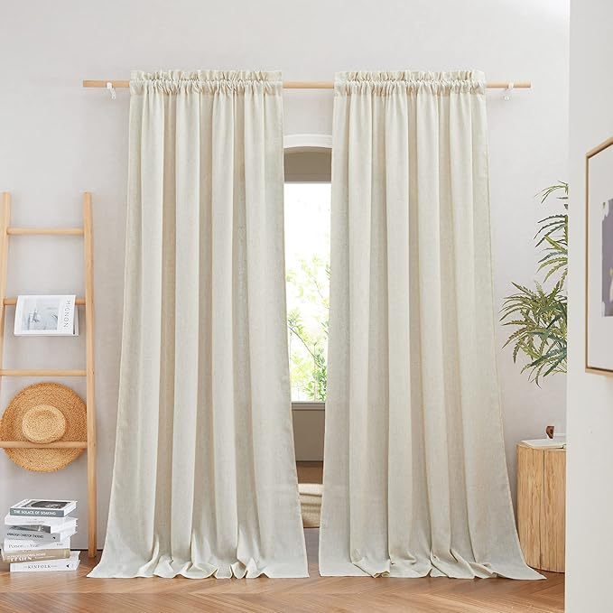 NICETOWN Natural Linen Curtains 108 inches Long for Living Room, Rod Pocket Thick Flax Privacy Semi Sheer Window Curtains with Light Filter for Bedroom/Living Room, 55'' Wide, 2 Panels