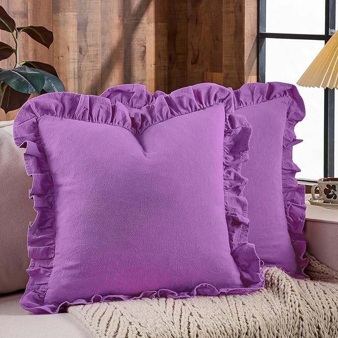 AmHoo Pack of 2 Throw Pillow Covers 100% Cotton Pre Washed Ruffle Decorative Pillowcase Cushion for Couch Sofa Bedroom 20 x 20-Inch Iris Orchid