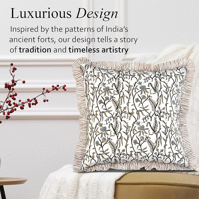 CPC Cocoa Vine Hand Block Print 100% Cotton Ruffle Throw Pillow Cover 20x20 inch with Hidden Zipper Decorative for Couch, Bed, Sofa, Farmhouse, Cottagecore Decor Gift Christmas Fall Thanksgiving