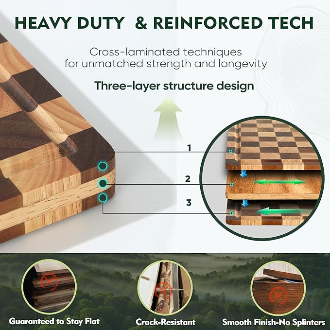 3 Pack Checkered Wood Cutting Board Set Cutting Boards for Kitchen Non Slip Acacia Wood Chopping Board with Juice Grooves & Handles Wooden Chopping Board Butcher Block End Grain