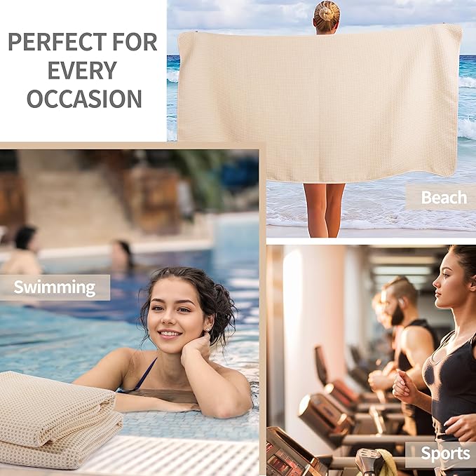 MICROFI New Microfiber Waffle Bath Towels, 2 Pieces, Oversized, Soft, Absorbent, Fast Drying, Lint Free 430 GSM (Champagne)