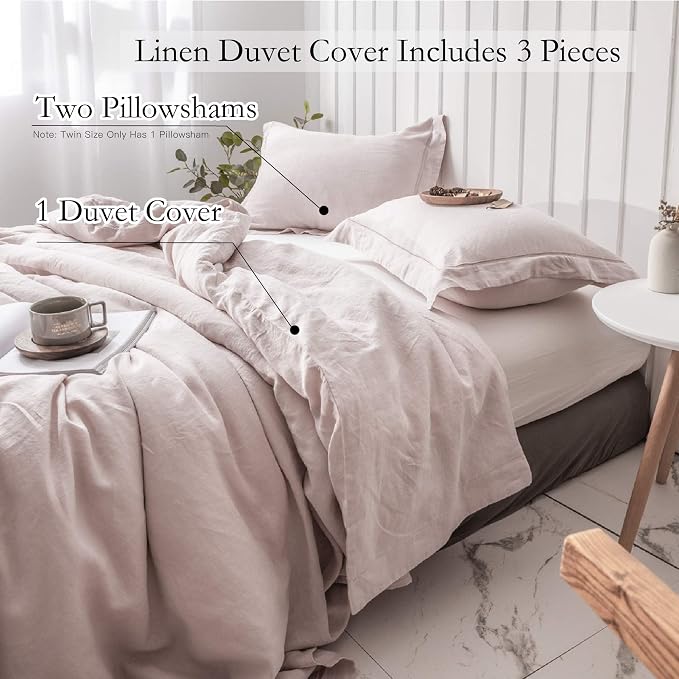 Simple&Opulence 100% Washed Linen Duvet Cover with Embroidered, 3 Pieces Soft Farmhouse Comforter Set with Button Closure,1 Duvet Cover and 2 Pillowshams(Full,Dusty Pink)