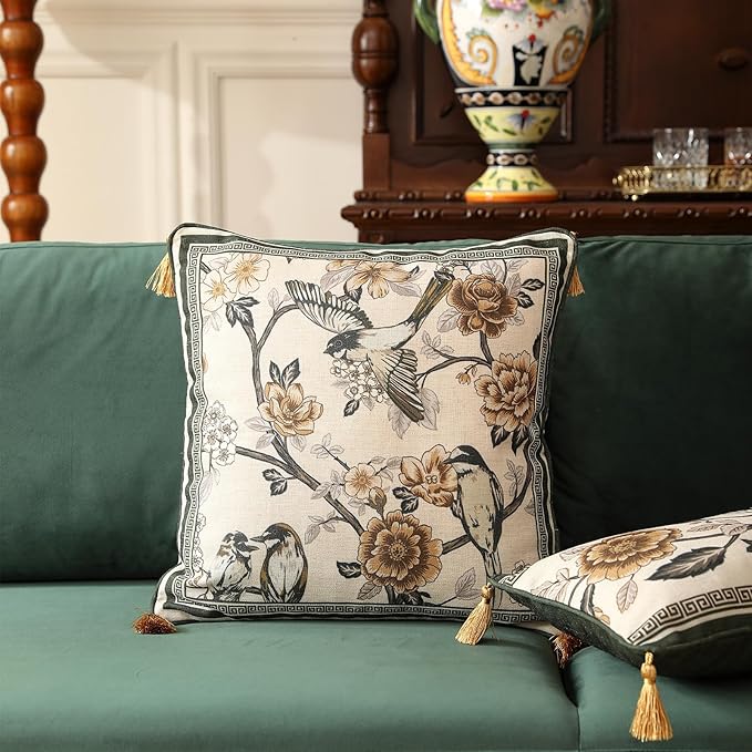 ISAENNE Design Linen Chinoiserie Square Throw Pillow Covers 18"x18" Pack of 2, Farmhouse Cushion Covers with Yellow Floral Birds Pattern Decoration Pillowcases for Bed,Living Room,Outdoor,Car