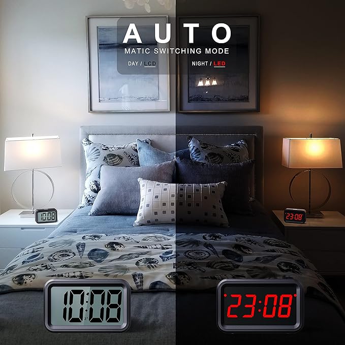 Digital Clock Battery Operated with Unique 1.2'' LED / 1.8'' LCD Auto Display, Small Cordless Alarm Clock for Bedroom Wall Travel (Red Display)