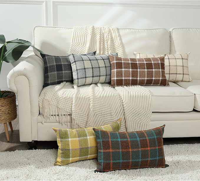 Stellhome Pack of 2 Lumbar Fall Linen Buffalo Check Throw Pillow Covers Farmhouse Plaid Cushion Cover Rustic Retro Decor for Bed Couch Sofa Bench, 12 x 20 Inch, Blue and Orange