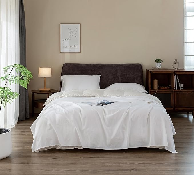 EVERLY Linen Sheets Set California King Size,100% French Stonewash Linen Sheets Set,4Pieces (1Flat Sheet,1Fitted Sheet,2Pillowcase) Suitable for Hot Sleepers,Deep Pocket Natural Bedding Set-White-CK