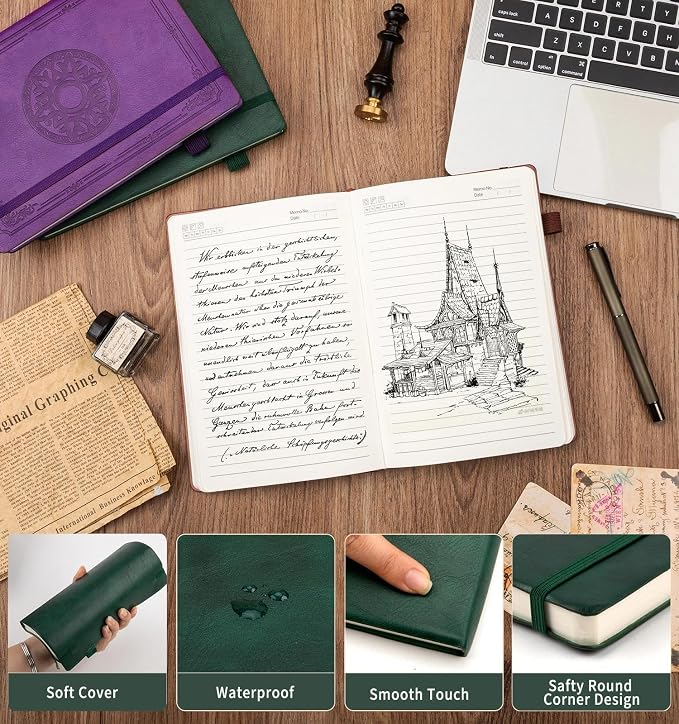 Lined Journal Notebook, A5 Leather Vintage Journals for Writing, 288 Pages College Ruled Notepad for Women Men, Vegan Leather Daily Notebook for Work, School, Travel, Note Taking(Celtic Star, Green)