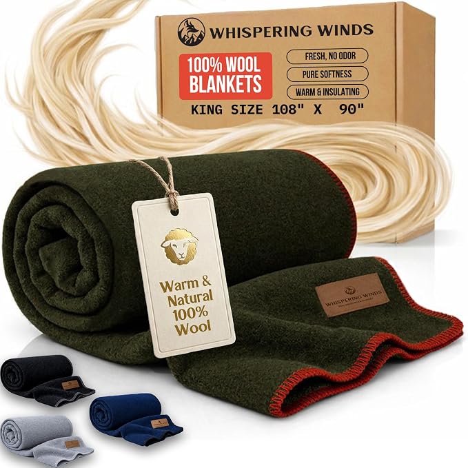 Whispering Winds 100% Wool Blanket, Premium King Size (108"x90") | Soft, Warm, Thick, Comfortable, For Bed, Couch, Home, Car, Camping, Outdoors, Survival