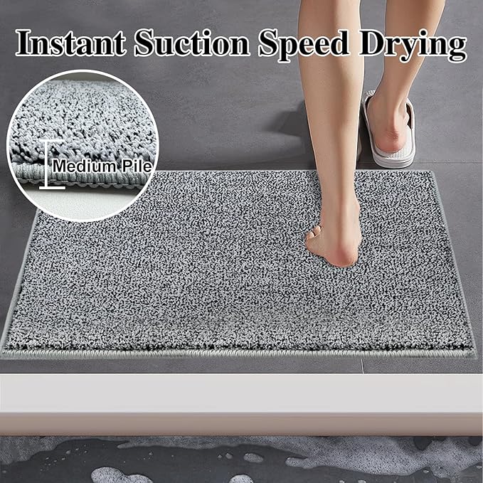 HDFK Bath Mat Non Slip 24x16 Inches Bathroom Rugs 2 Tone Soft Chenille Medium Pile TPR Backing | Absorbency Solid Black White | Shower Rug for Sink Area Wet Dry Transition Stain Resistant Decor