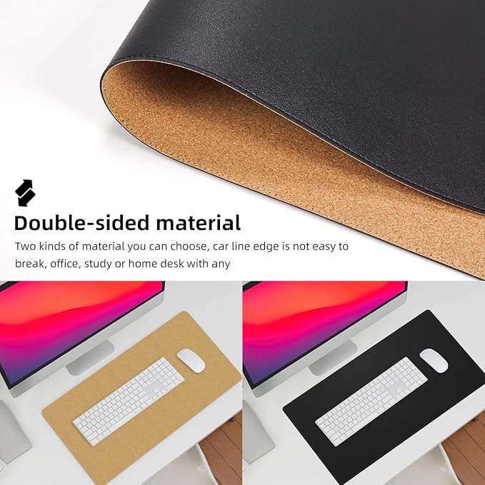 AFIING Leather Desk Pad Protector, Large Mouse Pad, Dual-Sided PU Leather & Natural Cork Desk Mat, Non-Slip Waterproof Laptop Desk Blotter for Office and Home, 23.6" x 13.7", Black