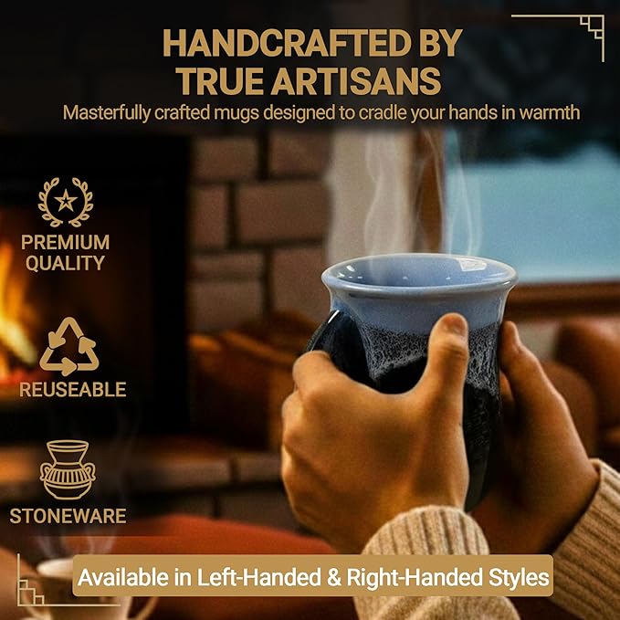 Clay in Motion Hand Warmer Coffee Mug – Handmade Coffee Mug With Comfortable Handle Contoured Pocket Hand Warming Ceramic Coffee Mug – Proudly Made in USA – Left Handed – 14 Oz - Lava Foam