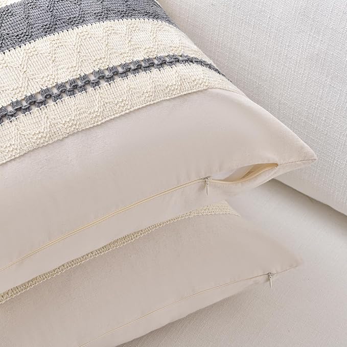 Fancy Homi Set of 2 Neutral Grey Farmhouse Long Lumbar Decorative Throw Pillow Covers 12x24 Inch for Couch Bed Chair, Vintage Country Rustic Retro Room Decor, Soft Thick Cotton Rectangle Cushion Case