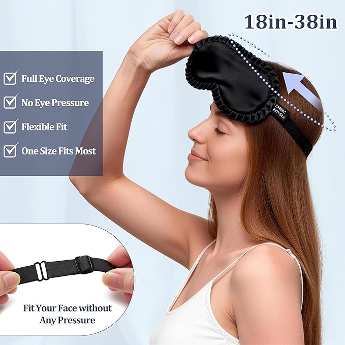 Silk Sleep Mask for Women, 100% Mulberry Silk Eye Mask, All-Silk Filled, Adjustable Elastic Strap with Elegant Wave Trim, Blackout Soft Eye Cover, Travel & Gift (Black)