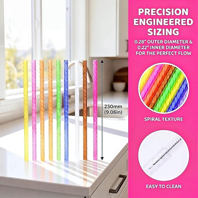 100PCS Reusable Straws with Cleaner Brush, 9.06" Long Colorful Clear Hard Plastic Swirl Drinking Straws for 12 oz 16 oz Mason Jar, Tumblers, Milk, Juice, Iced Coffee, Smoothies, Cocktail