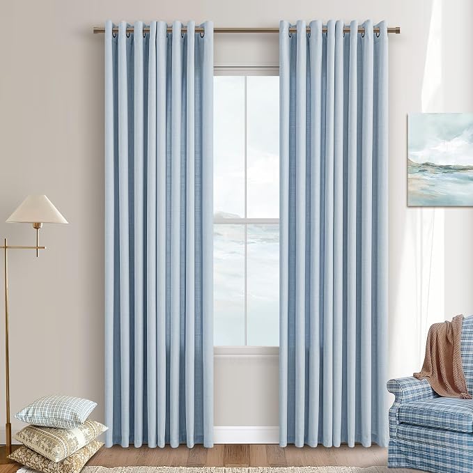 Dusty Blue Flax Linen Curtains 96 Inches Long for Bedroom Bronze Grommet Semi Sheer Non See Through Privacy Light Blue Window Curtains for Kids Room Coastal Boho Drapes 96 Inch Length 2 Panels Set