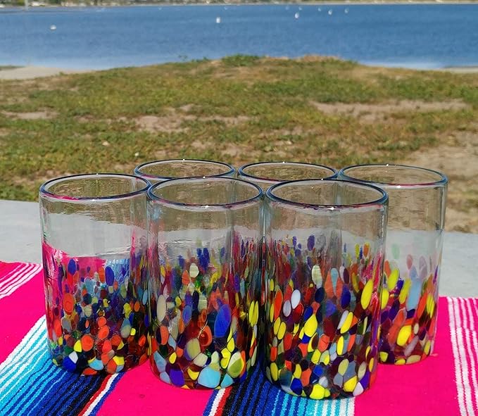 Hand Blown Mexican Drinking Glasses – Set of 6 Confetti Carmen Design Glasses (14 oz each)