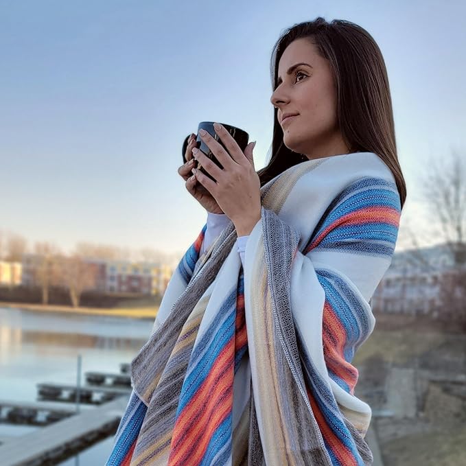 Alpaca Wool Throw Blanket | Warm, Ultra-Soft, 85" x 65" | Breathable, Non-Itchy Blanket-Throw | Hypoallergenic and Beautiful Fabric (Blue & Orange)